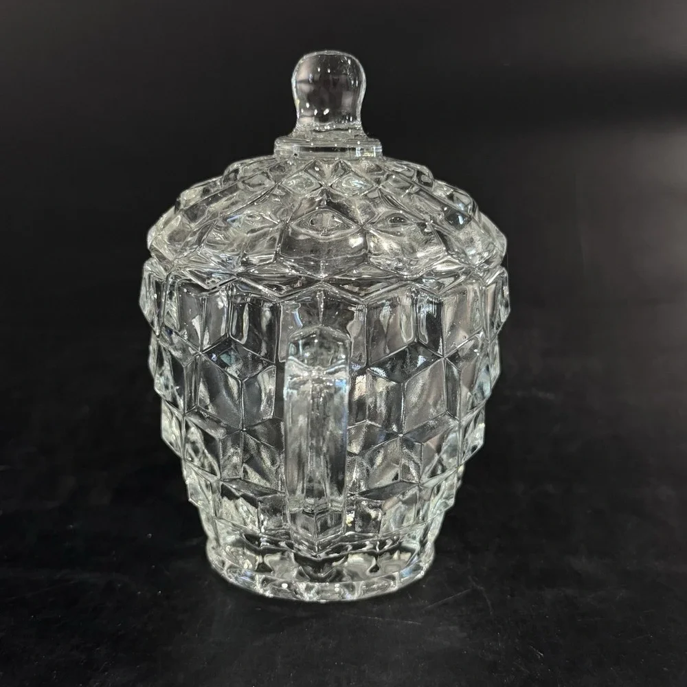 Vintage Fenton Cubist Clear Glass Sugar Bowl W Handles‎ & Lid